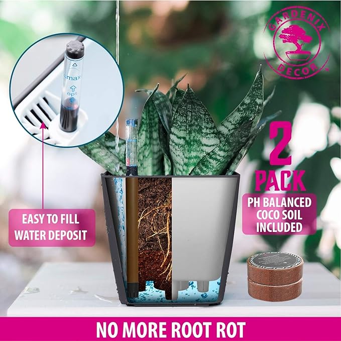 GARDENIX DECOR 5" Self Watering pots for Indoor Plants - Flower Pot with Water Level Indicator for Plants, Grow Tracking Tool - Self Watering Planter Plant Pot – 2 Pack Gray