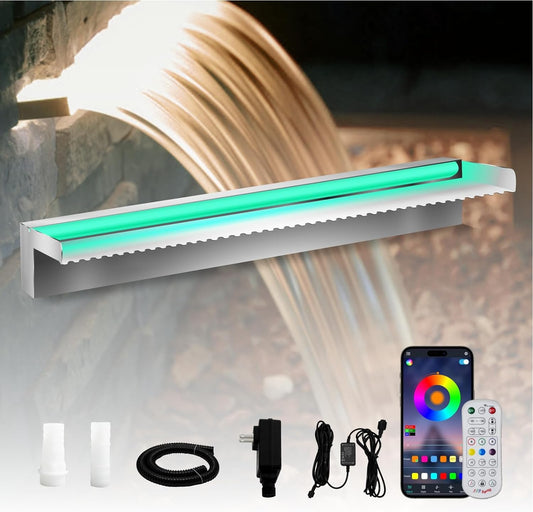 Pond Waterfall Spillway Stainless Steel Pool Fountain, APP Control LED Lighted Waterfalls Kit, Outdoor Water Flow Waterfalls Kit for Garden Patio Koi Pond Decoration-23.6"x7.8"x3.9"