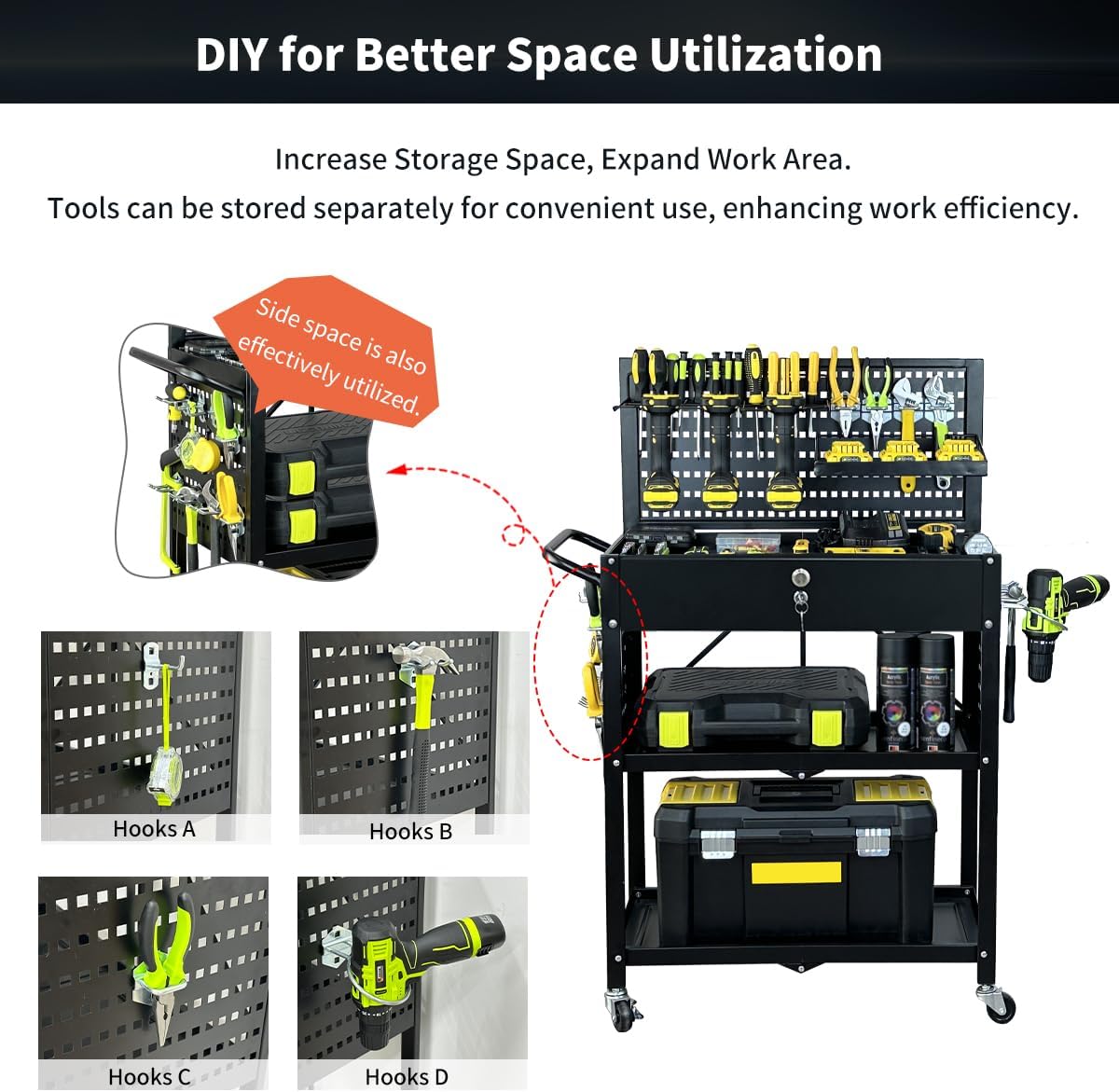 Lumizone Folding Tool Cart with Drawer and Pegboard Hooks Rolling Utility Service Cart on Wheels for Garage Organizer Foldable Power Tool Storage Heavy Duty Steel (Tool Cart with Drawer+Hooks)