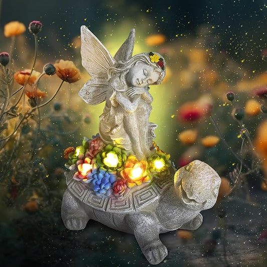 Choies Solar Angel Garden Statue Outdoor,Little Angel Sitting on Turtle Garden Sculpture for Outside,Angels Figurines Gifts for Women,Mom,Angel Outdoor Decoration for Home,Garden,Patio,Yard