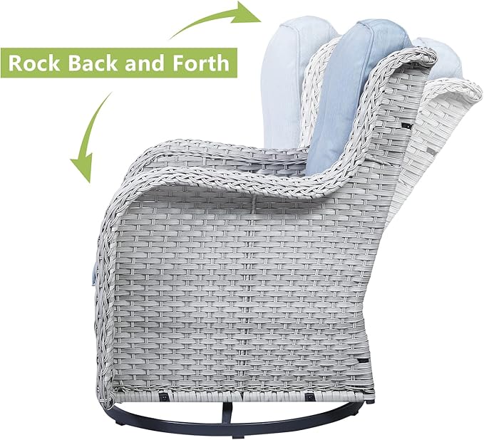 HUMMUH Outdoor Swivel Rocker Wicker Patio Chairs Set of 2, Rattan Rocking Chair Furniture Set(Light Grey,Light Blue)