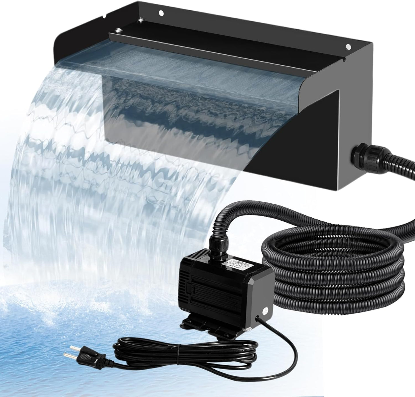 Upgraded Outdoor Pond Waterfall Kit with 50W Pump - 825 GPH Water Flow, 12.2 Inch Adjustable Waterfall Spillway & Extra Long Hose for Garden Ponds, Backyard Water Features
