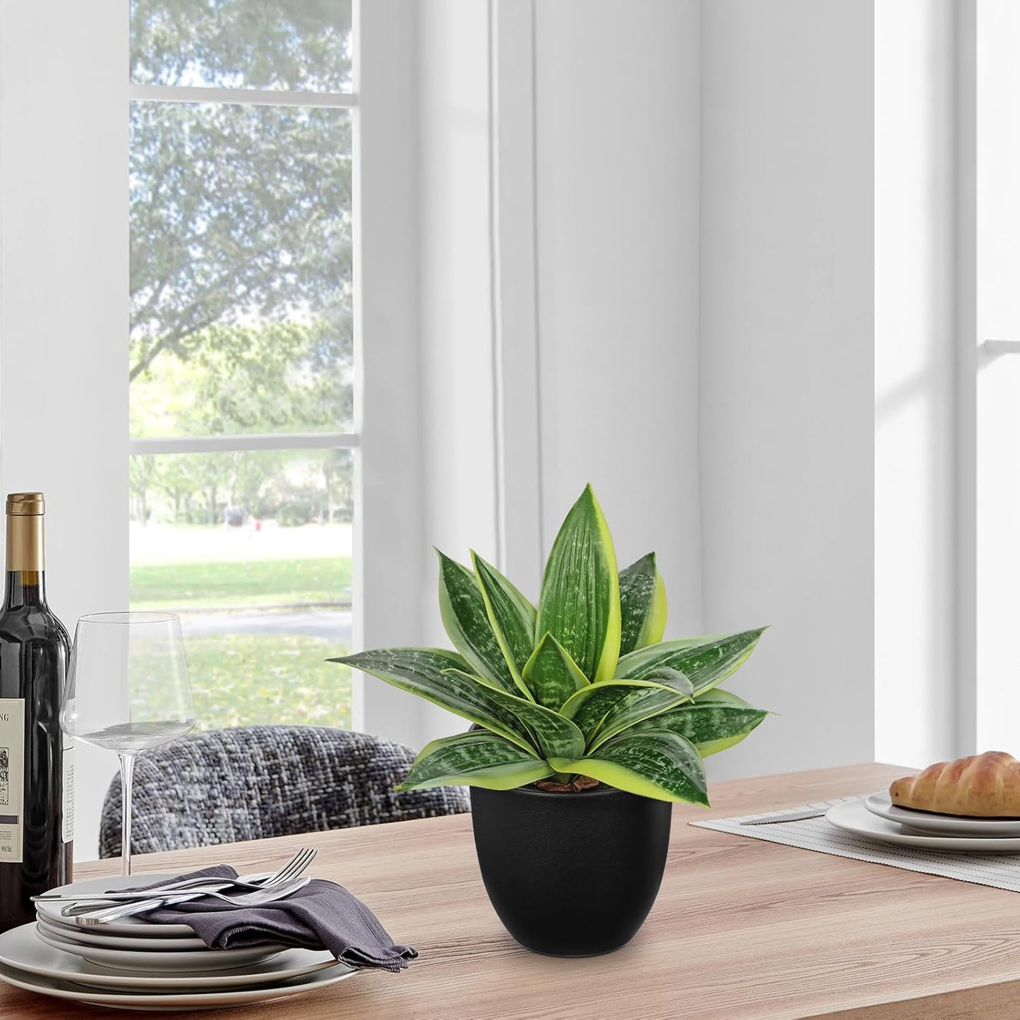 Hollyone Artificial Snake Plants 9" Faux Agave Succulent Plant Potted in Black Pot Fake Sansevieria Aloe Tropical Plant for Desk Modern Office Home Bathroom Indoor Outdoor Decor