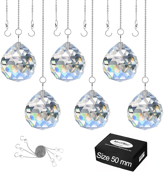 MerryNine 6 Pcs Clear Crystal Ball Prism Sun Shine Catcher Rainbow Pendants Maker, Hanging Crystals Prisms for Windows, for Feng Shui, for Gift (1.96"/50mm 6Pack)