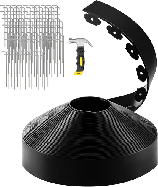 GROWNEER 150FT Landscape Edging Flexible 4 inch Tall Garden Border with 130pcs Galvanized Steel Anchoring Spikes and Hammer Lawn Edging Kit for Flower Bed, Pathway, Landscaping Project, Black