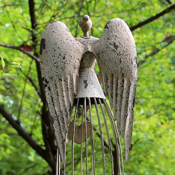 Morning View Metal Angel Statue Decor for Garden Yard Art Outdoor Standing Large Angel Decorations with Heart Antique Patio Patio Lawn Holiday Christmas 32 Inches Tall