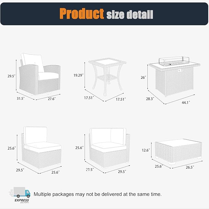 Patio Furniture Set with Fire Pit Table, 11 Pieces Outdoor All-Weather Wicker Conversation Sectional Chair Sofa Set with 2 Swivel Chairs