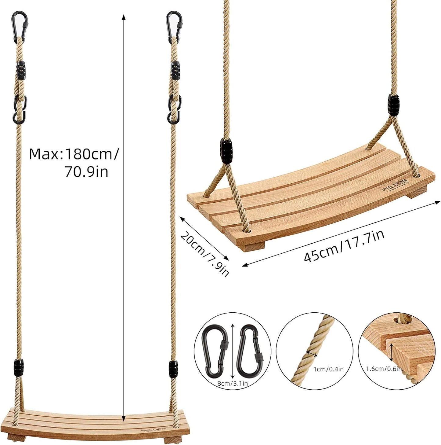 Pellor Wood Tree Swing Seat,Indoor Outdoor Rope Wooden Swing Set for Children Adult Kids 17.7x7.9x0.6 inch