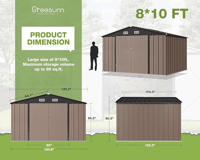 Greesum 10x8FT Outdoor Storage Shed, Utility Tool Shed with Sloping Roof, Metal Storaged Garden Shed with Door & Lock for Patio Storage, Brown