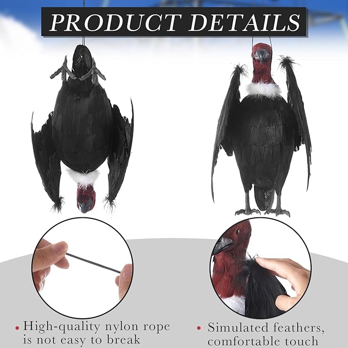 Tenceur 1 Piece Faux Vulture Effigy 18'' Large Fake Vulture Decoys Simulated Full Feathered Realistic Bird Black Hanging Faux Bird Scarecrow for Yard Roofs Trees Garden