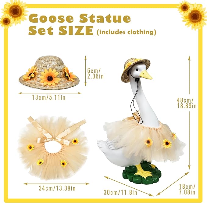 Goose Statue with Summer Sunflower Outfit Set - 20″ Goose Birthday Decor, Funny Ducks Yard Garden Outdoor Decor, Resin Animal Sculptural Patio Yard Ornament, Gifts for Women/Grandma