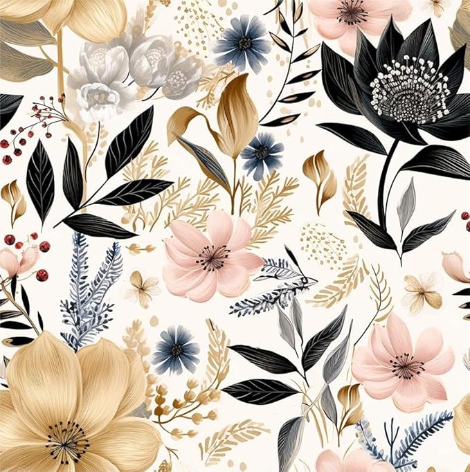 White/Pink/Gold Floral Garden Black Blue Flowers Vintage Peel and Stick Wallpaper Self Adhesive Removable Easy Peel Off Contact Paper Stick on Wall Paper for Bedroom Cabinet Renter Friendly