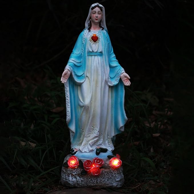 Solar Outdoor Garden Lights Religious Series-Virgin Mary Statue,Blessed Virgin Mary Mother Figure with Solar Flower Ligths,Home/Garden Decor, Religious Gift to Women/Mom(11.81" H)