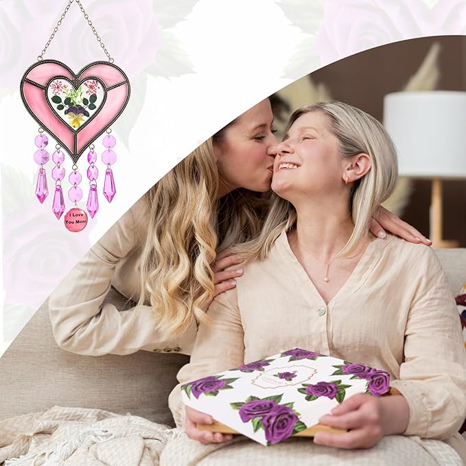 Gifts for Mom Suncatcher Heart Shaped I Love You Mom - Colored Glass Light Catcher Hanging Wind Chime Decorations Window Gifts Mother's Day Valentine's Day Birthday Christmas (Pink)