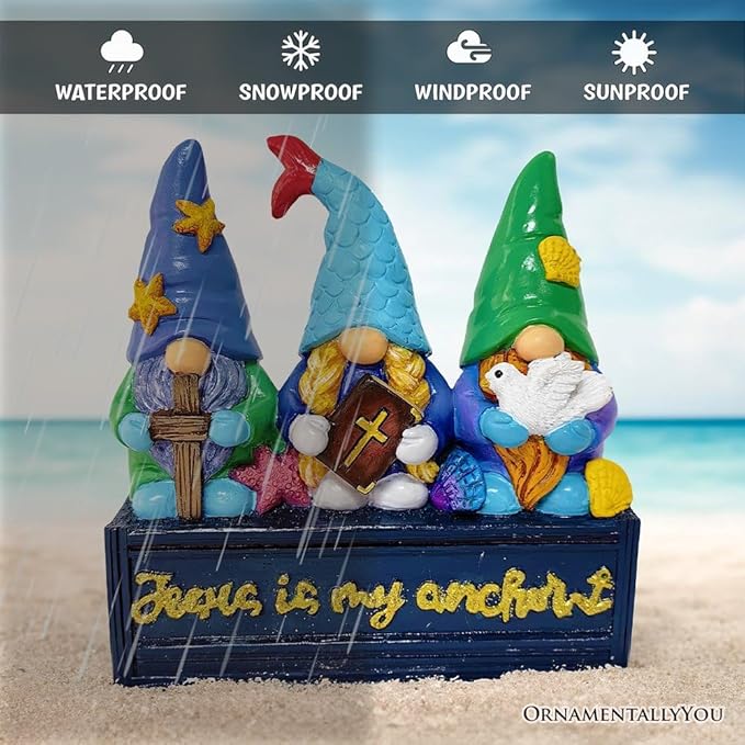 Spring & Summer-Themed Garden Statues – Adorable Outdoor Decor for Lawn, Patio & Porch (Nautical Themed Religious Gnome Figurine, Jesus is My Anchor 6" Beach House Statue)