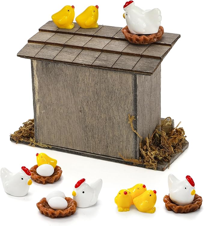 Nicunom 20Pcs Miniature Retro Wooden Chick Coop, Mini Family Chickens, Hen, Chick, Egg, Chicken Nest Ornament for Fairy Garden Accessories, Micro Landscape Lawn Decor