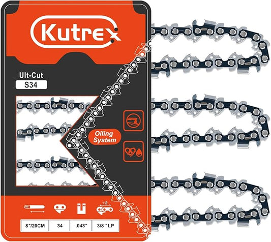 8 Inch Chainsaw Chain Mini Chainsaw Replacement Chain 8inch for Ryobi Dewalt Kobalt and more, 3/8" LP Pitch, 043" Gauge, 34 Drive Links (3 Pack)