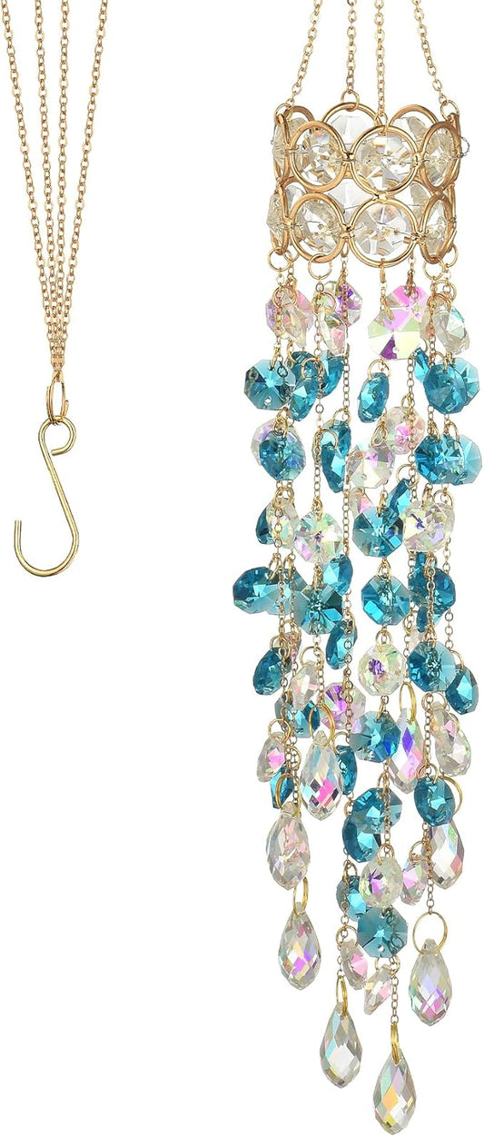 Hanging Window Garden Crystal Sun Catcher, Gold-Plated Sun Catcher for Indoor and Outdoor Decoration, Light Catcher, Party Crystals (Blue)