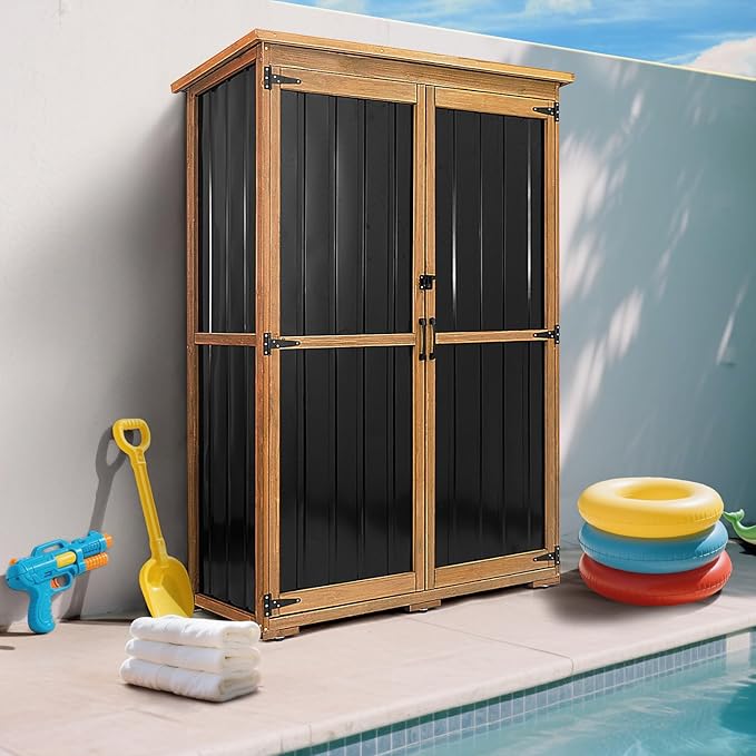 46" L Large Outdoor Storage Cabinet with Shelves, Wood & Metal Storage Shed Weather-Resistant, Outside Storage Cabinet for Garage Patio Backyard Garden with Waterproof Roof