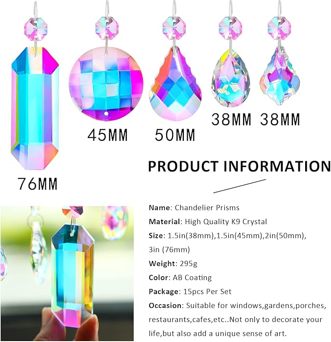 15pcs Colorful Crystal Suncatcher Hanging Chandelier Prisms Pendant with Crystal Octagon Bead Decor for Home Garden Wedding DIY Ornament
