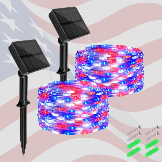 Red White and Blue Solar Fairy Lights, 4th of July Lights Waterproof Outdoor 16.4ft 50LED 8 Modes Memory Function Independence Day Memorial Day Decorations