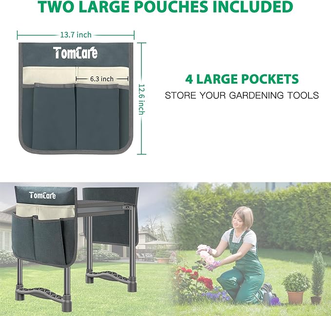 TomCare Garden Kneeler and Seat 10.64” Wider Larger Soft Kneeling Pad Garden Bench with 2 Large Tool Pouches Heavy Duty Garden Stool Foldable Tools Gardening Gifts for Women Men Gardeners,Grey