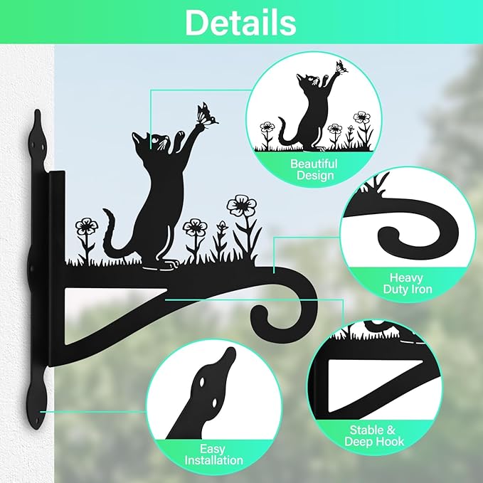 Plant Hangers Outdoor Iron Heavy Duty Ornamental Cat Silhouette Wall Mounted Hanging Plant Bracket for Flower Pot Lantern Bird Feeder Wind Chimes Christmas Decoration