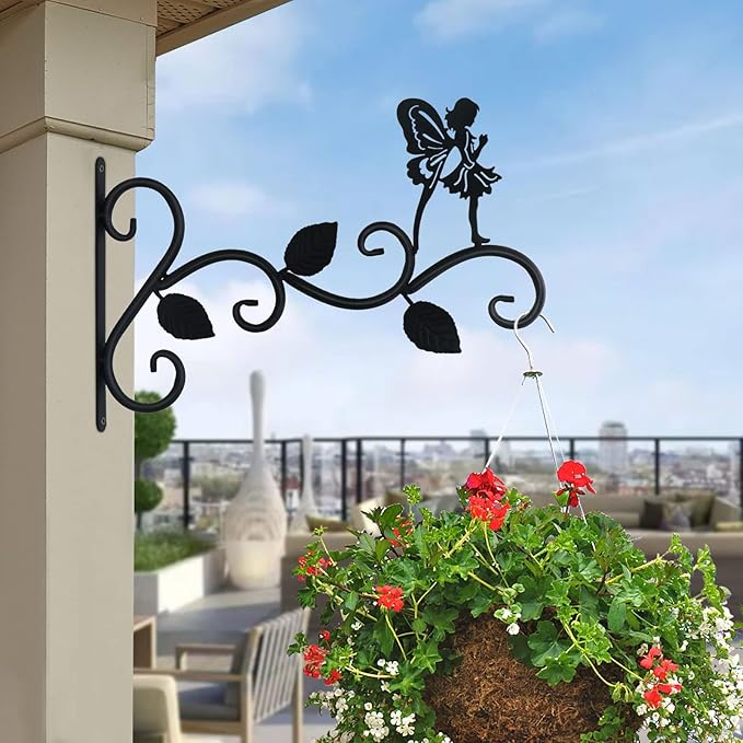 Hanging Plants Bracket 12" Angel Planter Outdoor Hooks Hangers for Flower Baskets Pot Bird Feeder Wind Chimes Lanterns Patio Garden Outdoor Indoor Metal Black, 2 Pack