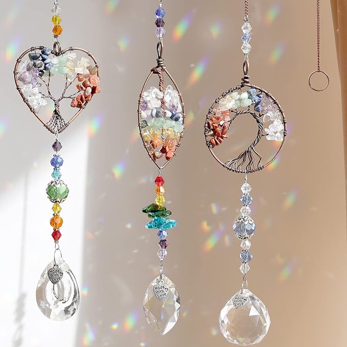3pcs Crystal Suncatchers for Windows Hanging Tree of Life Sun Catchers Decor with Prisms for Home Indoor Outdoor Car Making Rainbows