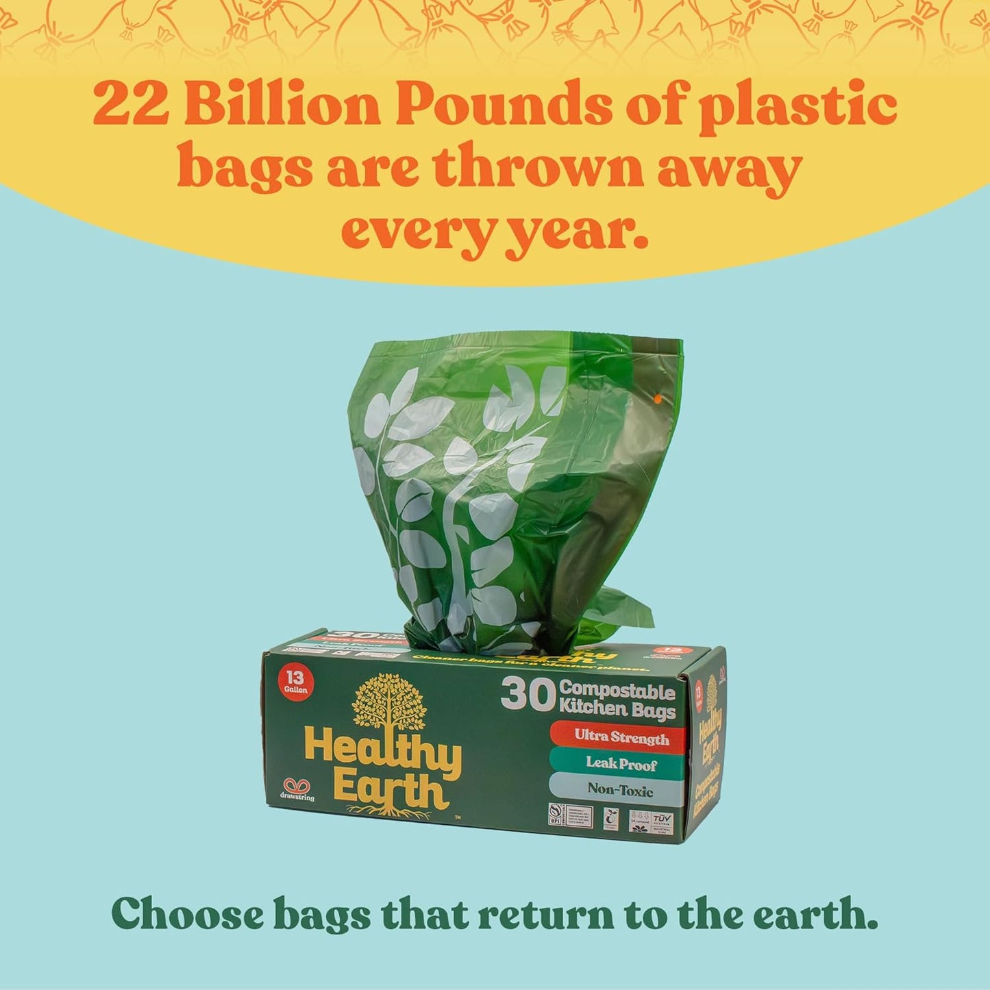 Healthy Earth 13 Gallon Compostable Trash Bags – Tall Kitchen Garbage Bags with Drawstring Handles, Extra Thick Plant-Based Liners, BPI & TÜV Certified ASTM D6400, Heavy Duty Leak-Proof (60 Count)