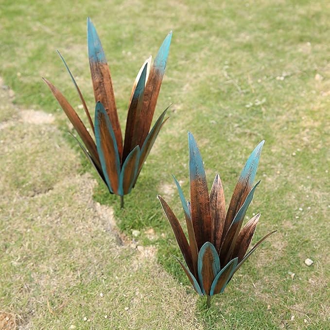 Jesokiibo 2pcs Tequila Rustic Sculpture DIY Metal Agave Plant Home Decor Rustic Hand Painted Metal Agave Garden Ornaments Outdoor Decor Figurines Home Yard Decorations Stakes Lawn Ornaments…