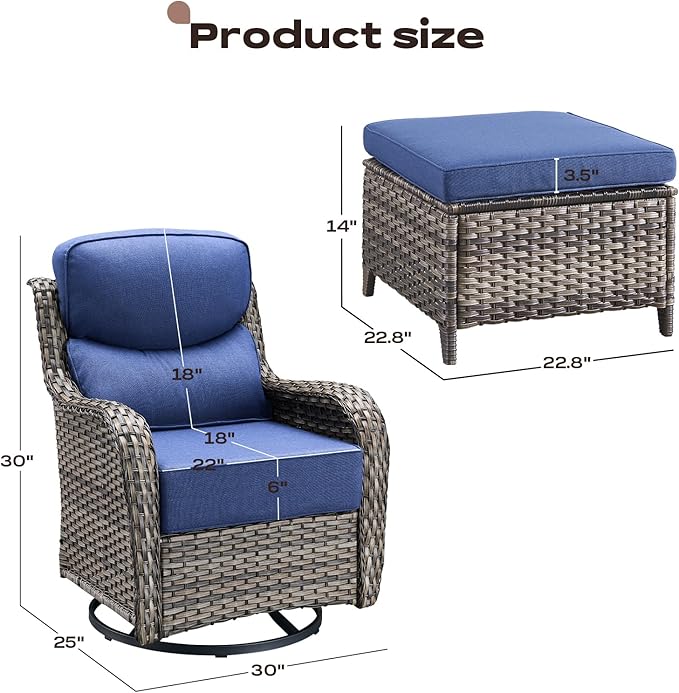 Rilyson Wicker Outdoor Patio Furniture Set - 4 Piece Patio Conversation Set with Swivel Rocker Chairs and Ottomans, 6 inch Cushions, High Back, Deep Seating, for Porch Deck Garden Mixed Grey/Blue