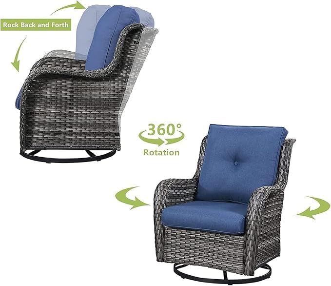 HUMMUH Outdoor Swivel Rocker Wicker Patio Chairs Set of 2, Rattan Rocking Chair Furniture Set (Grey,Blue)