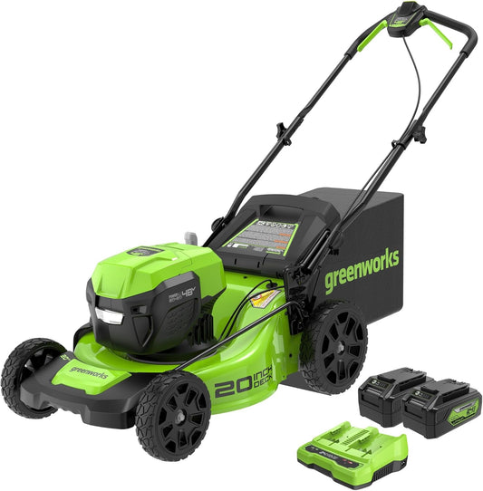 Greenworks 48V (2 x 24V) 20" Brushless Cordless (Push) Lawn Mower (LED Headlight), (2) 4.0Ah Batteries and Dual Port Rapid Charger Included (125+ Compatible Tools)