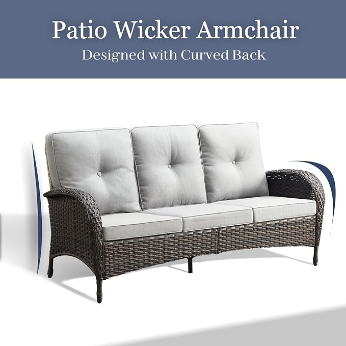 HUMMUH Outdoor Patio Couch-Outdoor Rattan Couch with Thick Cushions Outdoor Sofa for Deck Lawn Porch Balcony Poolside-Brown/Beige