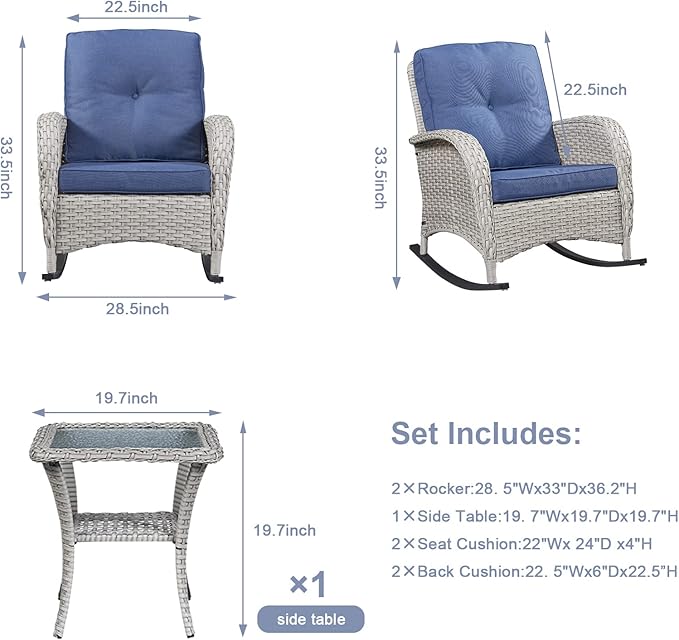 HUMMUH Patio Wicker Rocking Chairs Set of 2 Rattan Outdoor Rocking Chairs for Front Porch Garden Backyard Lawn Balcony Weather Rocker Chair with Side Table