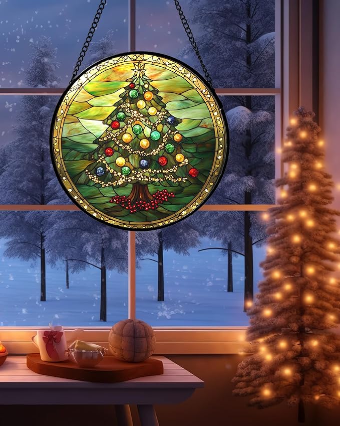 Stained Glass Window Hanging - Green Christmas Tree Gold Ribbon Suncatcher for Doors Home Christmas Decoration Sun Catcher Thanksgiving New Year Birthday Gifts for Women Men Mom Nana 7.8 in