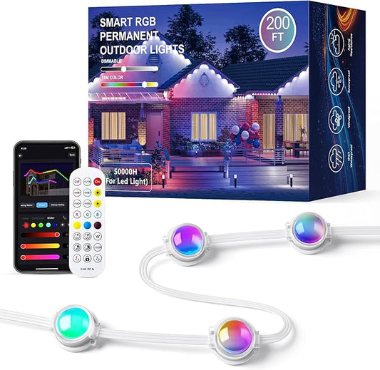Permanent Outdoor Lights for House, 200FT RGB+IC Smart Eave Lights with DIY Color, IP67 Waterproof, App & Remote Control, 72 Scene Modes, Outdoor Roof Lighting for Christmas, Holiday & Daily Decor
