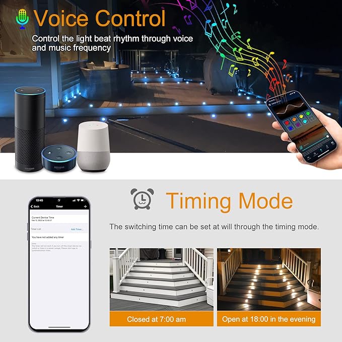 Smart LED Deck Light Kits - 30 Pack of 1.77" Low Voltage Recessed RGBW Deck Lights IP67 Waterproof for Outdoor Landscape Lighting on Steps, Floors & Pathways, Compatible with Alexa & Google Assistant