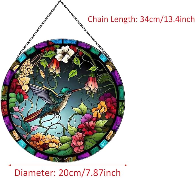 Hummingbirds and Flowers Pattern Suncatcher Stained Glass,Hanging Stained Glass for Windows,20cm/7.87inch Hand-Painted Sun Catcher Garden Hangings Painted Glass Panel Decor Themed Gift
