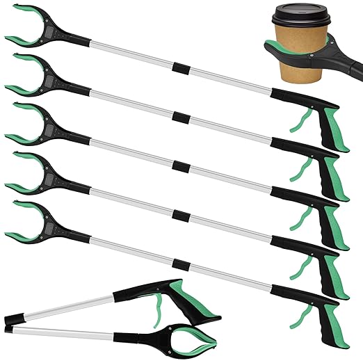 6 Pack 32 Inch Commercial Trash Grabber for Elderly Assist, Heavy Duty Lightweight Reacher with Ergonomic Handle & Non-Slip Grip, Multi-Use Outdoor Home Garden Cleanup Mobility Aid ToolGreen)
