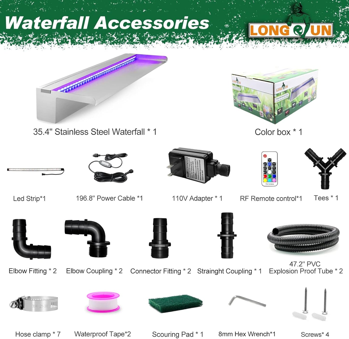 LONGRUN Pool Fountain Stainless Steel Outdoor Pond Spillway Waterfall with Wider Water Flow Platform Multi-Color LED Light Spray Indoor Waterfall Fountains for Garden-35.4" x 8" x 3.94"(W x D x H)