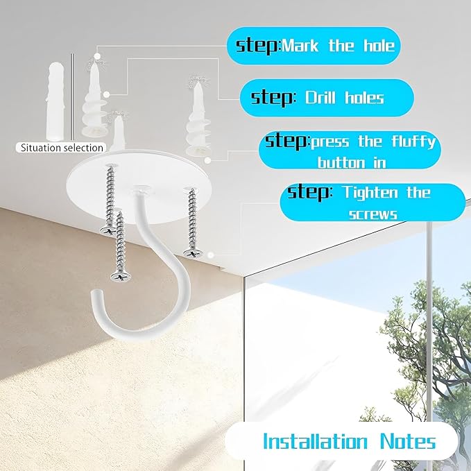 Ceiling Hooks for Hanging Plants - Metal Heavy Duty Wall Mounted Hangers for Hanging Bird Feeders, Planters, Wind Chimes, Include Professional Drywall Anchors (3-Pack (White)