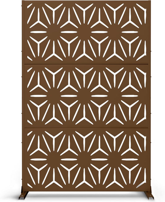 Metal Privacy Screen Outdoor 72" H×47" W,Freestanding Decorative Privacy Screen for Balcony Yard&Garden,Privacy Fence-Brown&Star