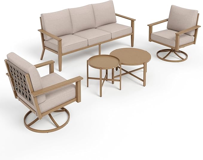 5-Piece Patio Outdoor Conversation Furniture Set with 2 Swivel Chairs, Steel Modern Outdoor Patio Conversation Sets with Waterproof Thick Cushions for Porch, Balcony, Backyard-Beige