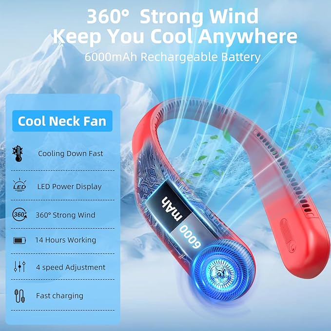 Portable Neck Fan,Hands Free Personal Wearable Bladeless Fan,6000mAh USB Rechargeable,360° Cooling,LED Display,4-Speeds,Birthday Gifts for Men Women Dad Mom,Stocking Stuffers Christmas Gifts (Red)