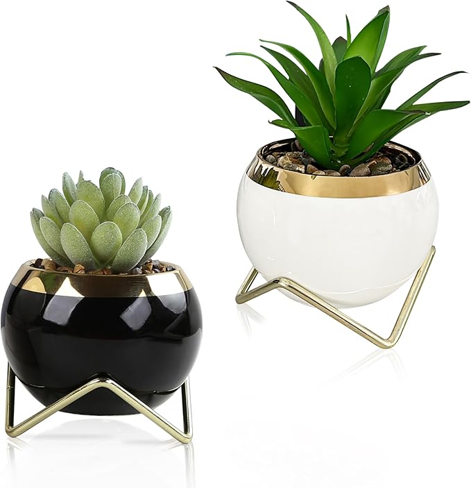 Set of 2 Artificial Succulents in Ceramic pots with Elegant Iron Frames and Delicate Flowers - Elevate Your Space with a Stunning Fake Plant Arrangement for Stylish Home Decor