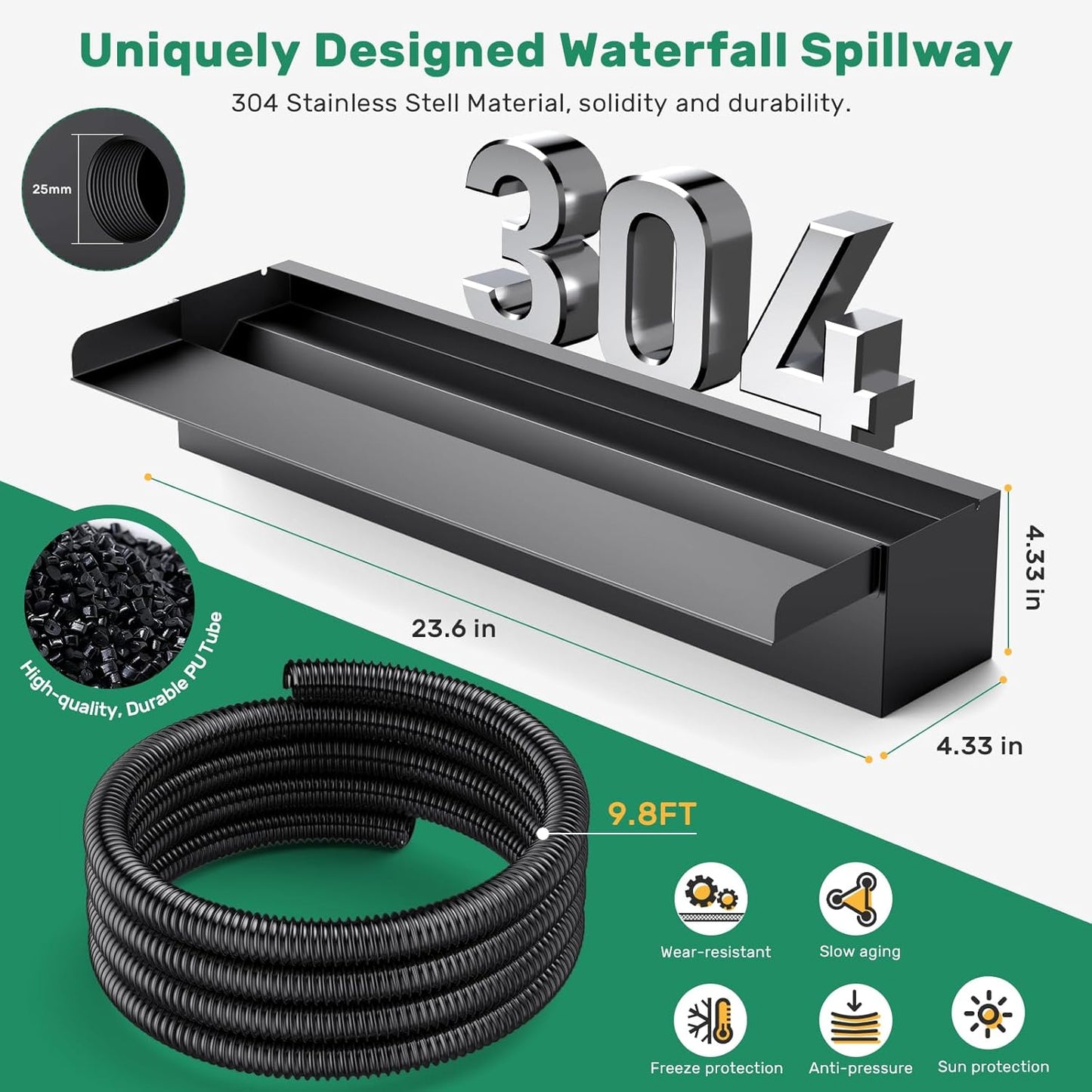 POPOSOAP 24Inch Pond Waterfall Spillway with Warm LED Light,304 Stainless Steel Waterfall Kit with 80W 1200GPH Pump & 9.8FT Corrugated Tube for Garden Decor Indoor/Outdoor Pond-P46D