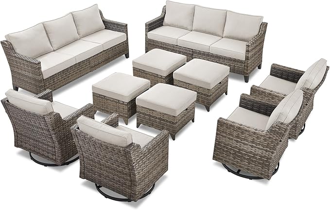10 Piece Patio Furniture Set-High Back Outdoor Furniture Set Sectional Sofa with Wicker Swivel Patio Chairs,Comfy Cushions Ottomans for Porch Balcony Patio Deck Grey/Beige