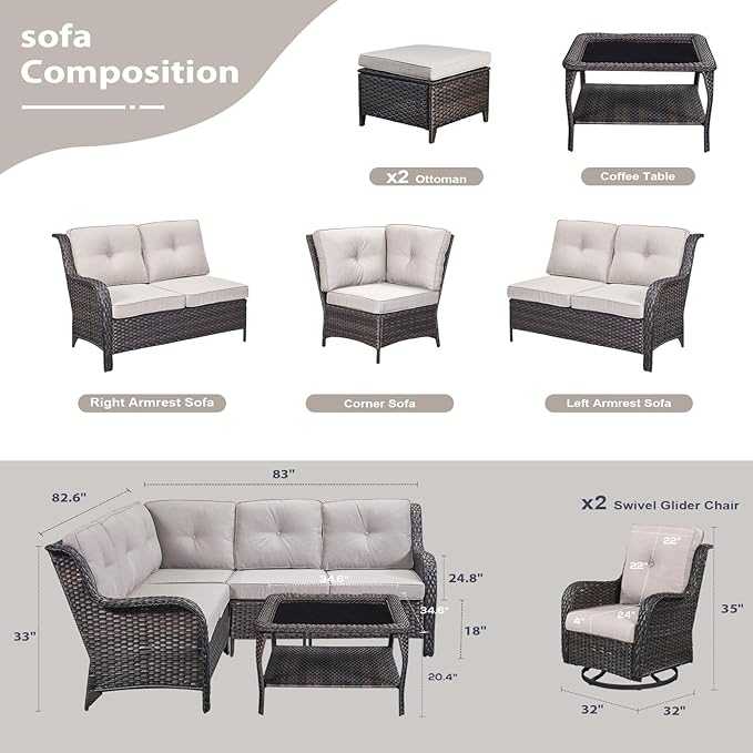 HUMMUH 8 Piece Patio Furniture PE Wikcer Outdoor Furniture Set with Sectional Sofa Swivel Patio Chairs Ottomans and Glass Coffee Table for Yard,Garden,Lawn